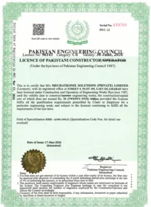 Pakistan Engineering Council PEC License Certificate - Mechatronix