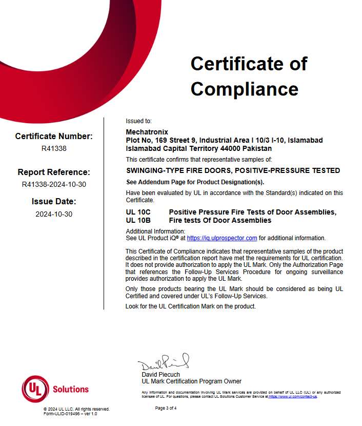 UL 10B and 10C Fire Tests of Door Assemblies Official License Certificate - Mechatronix